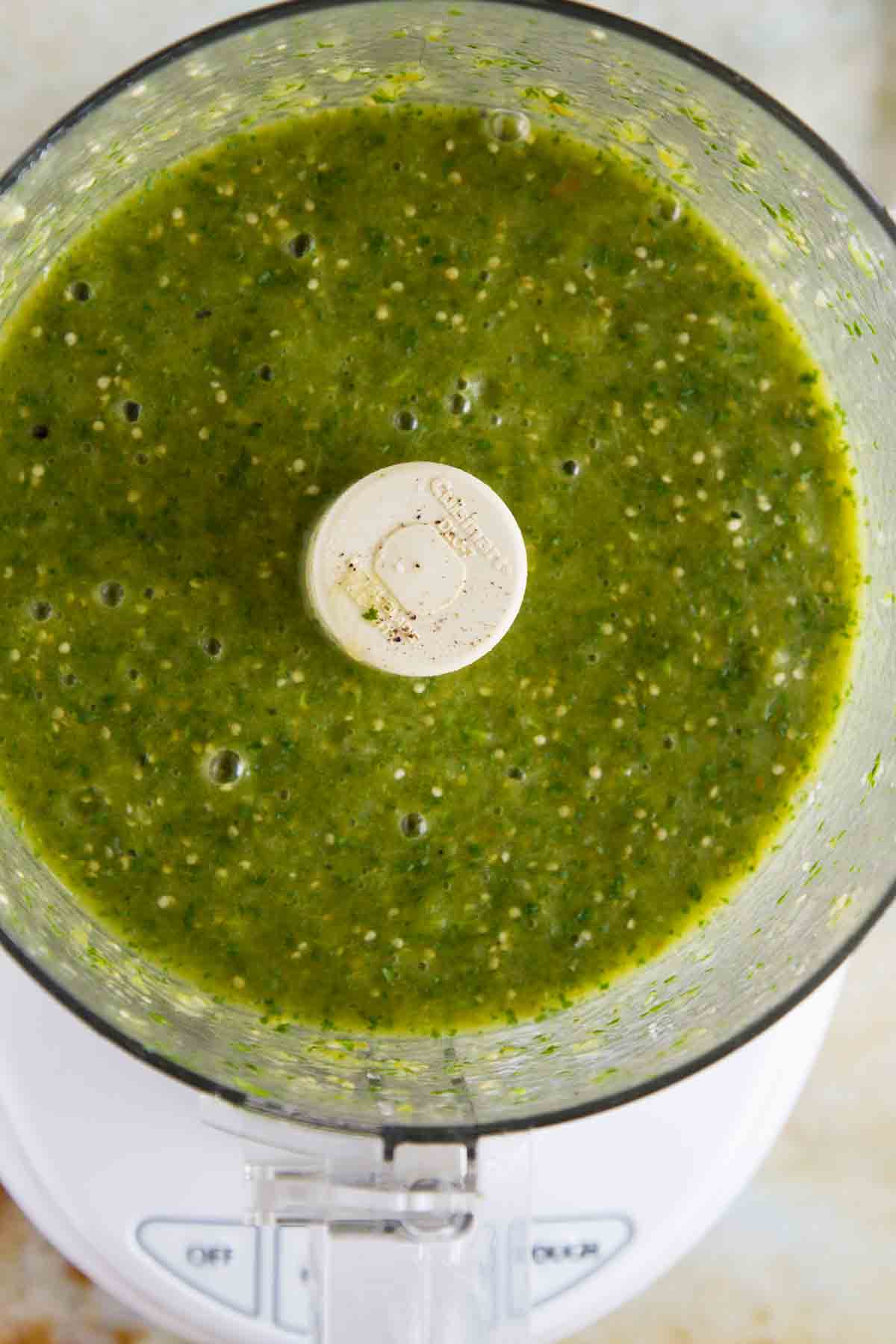 Tomatillo salsa in a food processor