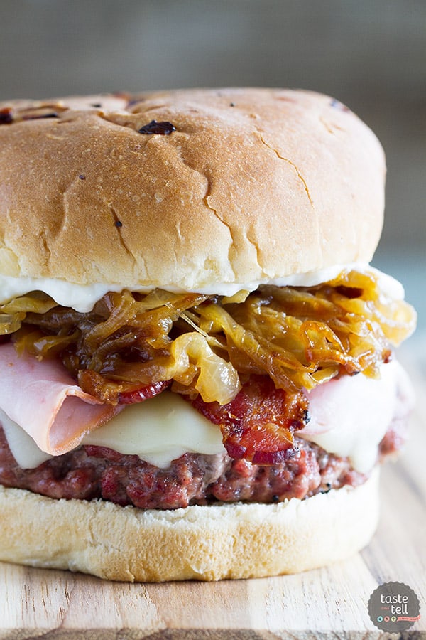 The ultimate hamburger! Pork lovers will go crazy for these Triple Pork Burgers - beef and pork patties topped with ham, bacon, and lots of caramelized onions. It’s a flavor explosion!