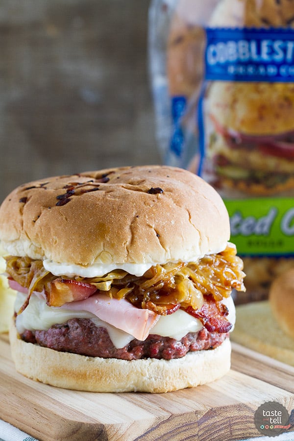 The ultimate hamburger! Pork lovers will go crazy for these Triple Pork Burgers - beef and pork patties topped with ham, bacon, and lots of caramelized onions. It’s a flavor explosion!