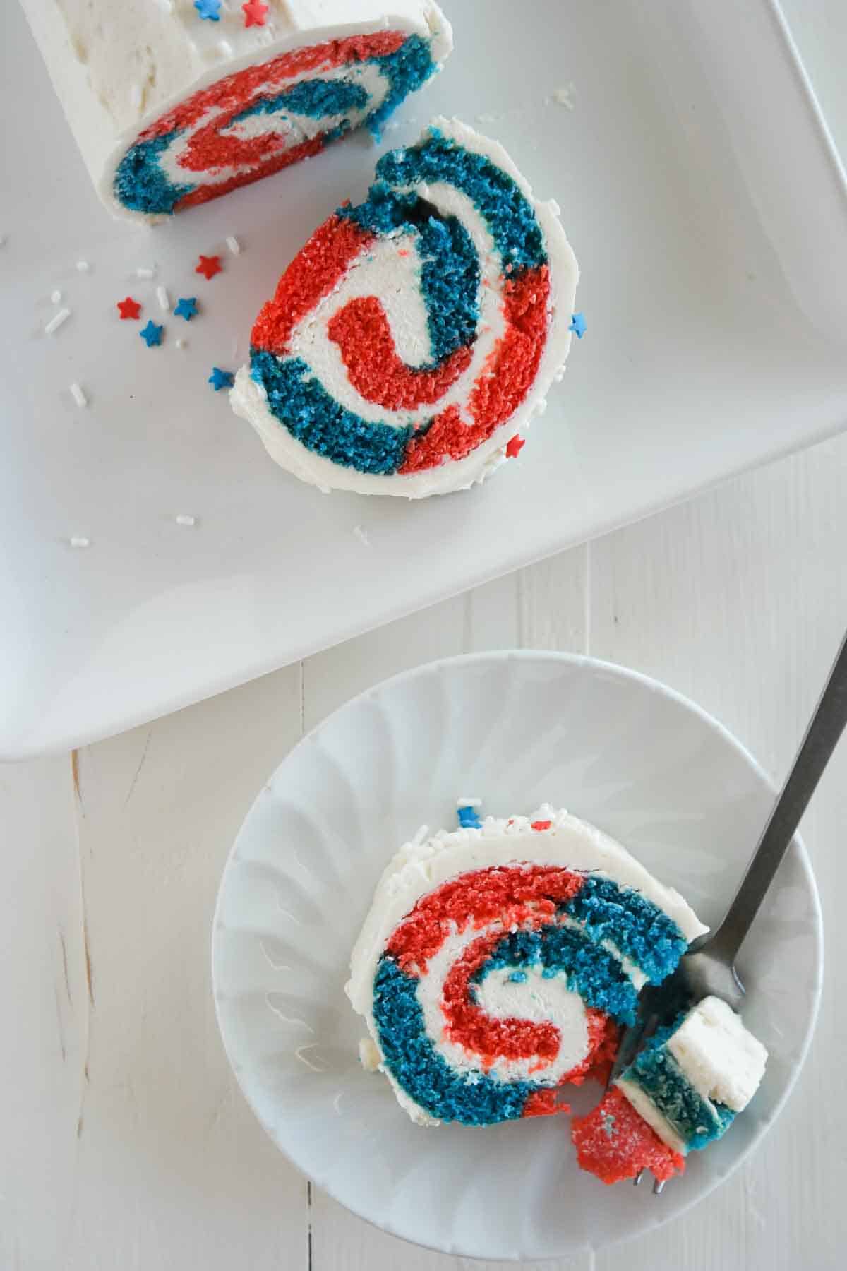 overhead view of red white and blue 4th of july cake roll