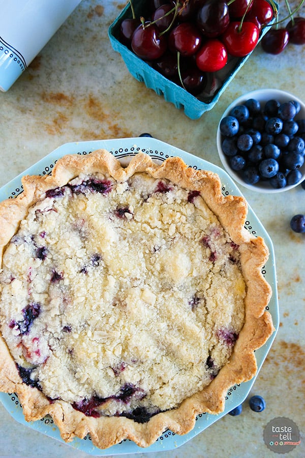 Hit up the farmer’s market for fresh cherries and blueberries and turn them into this Cherry and Blueberry Cream Pie! Fresh berries are combined with a creamy sour cream filling and topped with plenty of streusel for a perfect summer pie.