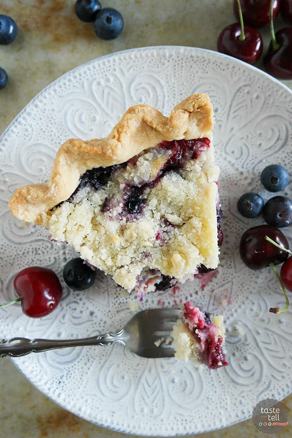 Hit up the farmer’s market for fresh cherries and blueberries and turn them into this Cherry and Blueberry Cream Pie! Fresh berries are combined with a creamy sour cream filling and topped with plenty of streusel for a perfect summer pie.