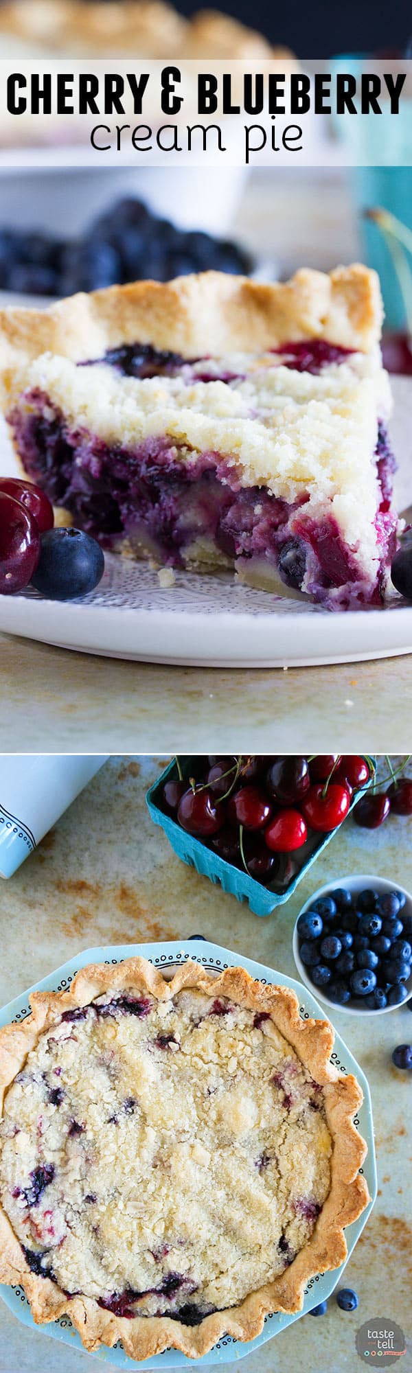 Hit up the farmer’s market for fresh cherries and blueberries and turn them into this Cherry and Blueberry Cream Pie! Fresh berries are combined with a creamy sour cream filling and topped with plenty of streusel for a perfect summer pie.