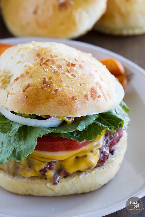 Take your burger to the next level with these Garlic Parmesan Brioche Buns. Rich, buttery brioche hamburger buns are filled with garlic and parmesan, turning your ordinary burger night into something special.