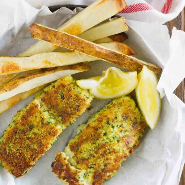 Lemon Herb Fish with homemade baked fries.