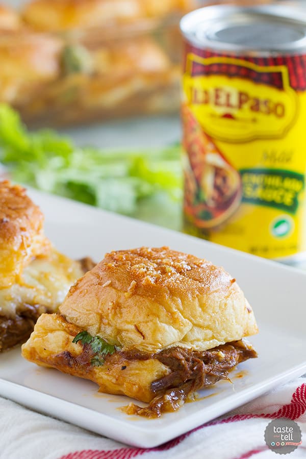 Leftover shredded beef? Turn it into these Enchilada Beef Sliders. Savory, a little bit sweet and a little bit spicy, they are sure to be a crowd pleaser!