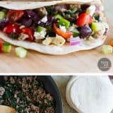 These Greek Tacos are anything but boring - filled with ground turkey with spinach and topped with hummus, feta, and lots of veggies. Give your Taco Tuesday some excitement!