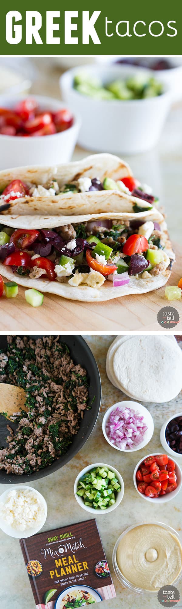 These Greek Tacos are anything but boring - filled with ground turkey with spinach and topped with hummus, feta, and lots of veggies. Give your Taco Tuesday some excitement!