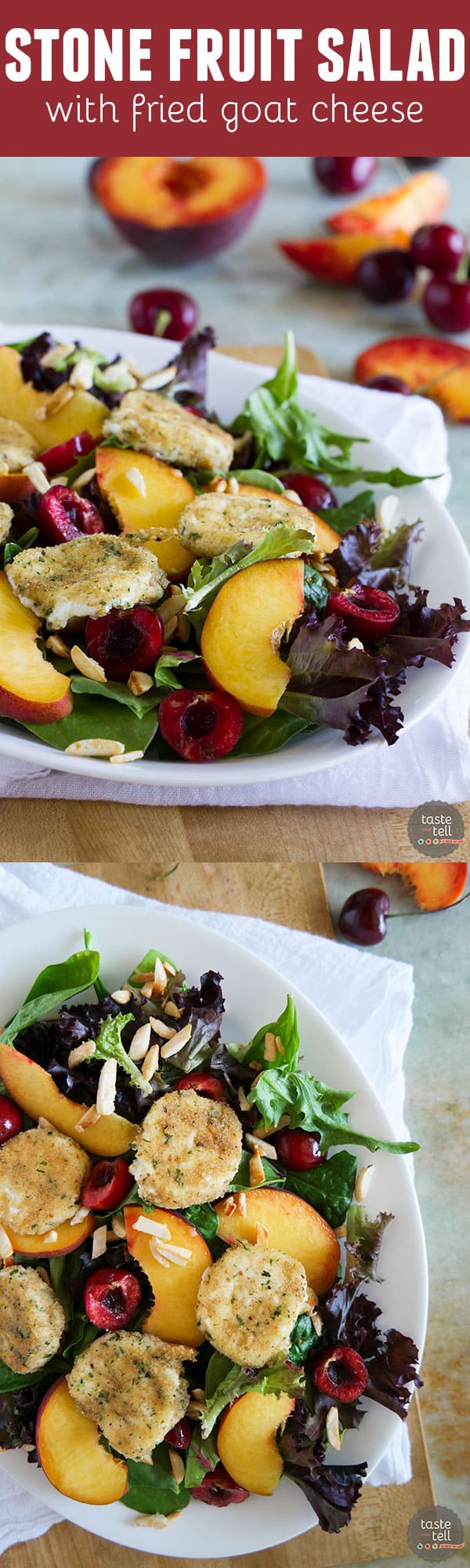 The perfect combination of sweet and savory, this Stone Fruit Salad with Fried Goat Cheese takes advantage of summer peaches and cherries and combines them with fried goat cheese coins that you’ll want to add to every salad. Such a great summer salad!