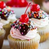 banana split cupcakes on a plate