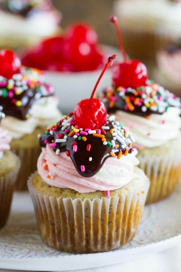 banana split cupcakes on a plate