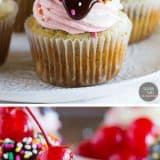 Banana Split Cupcakes collage with text at the top