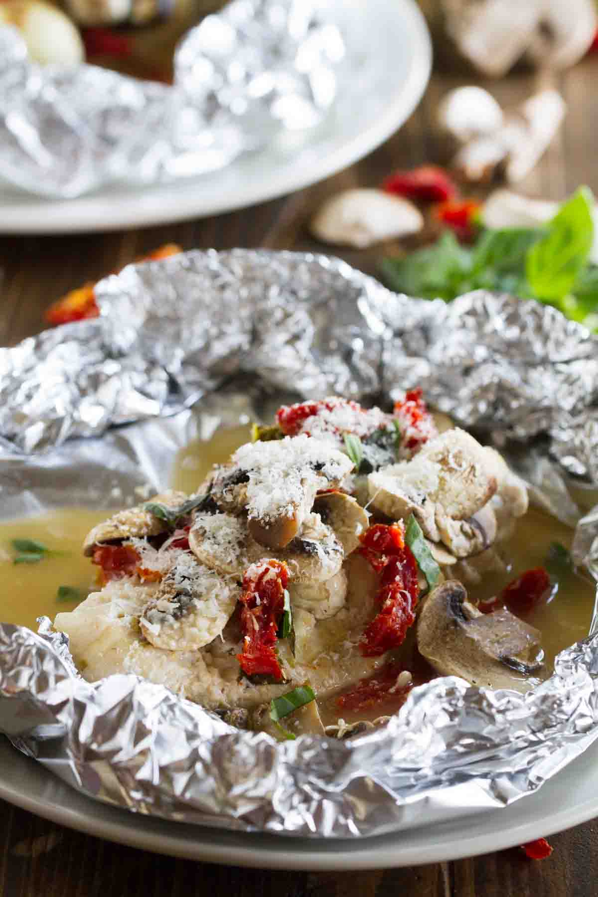 Chicken Milano in a foil packet.