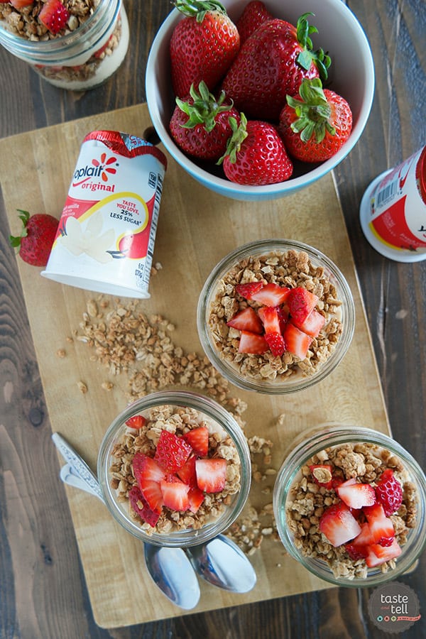 yogurt parfaits with peanut butter and strawberries.