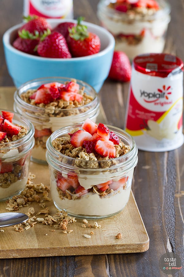 Peanut Butter and Jelly Yogurt Parfaits with vanilla yogurt and strawberries.