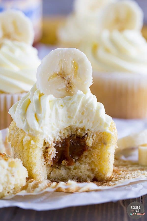 Banana cupcakes are filled with dulce de leche and topped with a rum buttercream in these delicious Bananas Foster Cupcakes. These are definitely a step up from your normal banana cupcake!