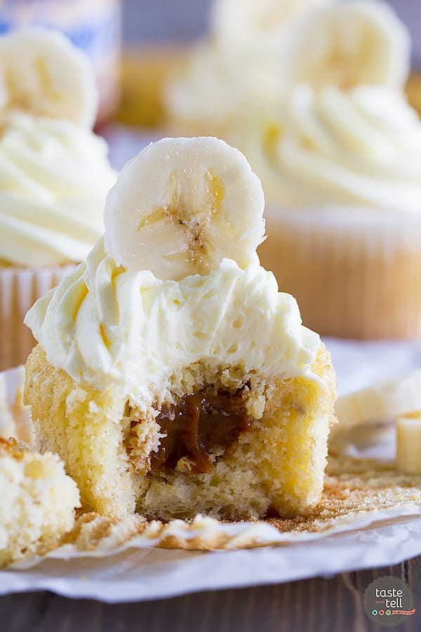 Banana cupcakes are filled with dulce de leche and topped with a rum buttercream in these delicious Bananas Foster Cupcakes. These are definitely a step up from your normal banana cupcake!