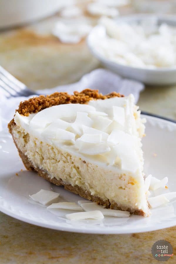 Creamy and coconutty, this Coconut Cheesecake Pie is the perfect dessert for when you can’t decided between cheesecake and pie!