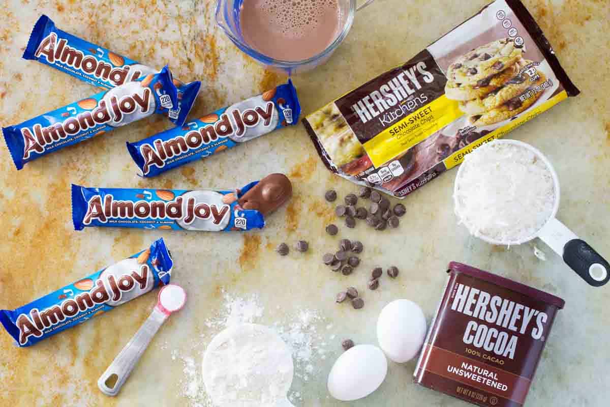 ingredients for Almond Joy Candy Bar Filled Bundt Cake