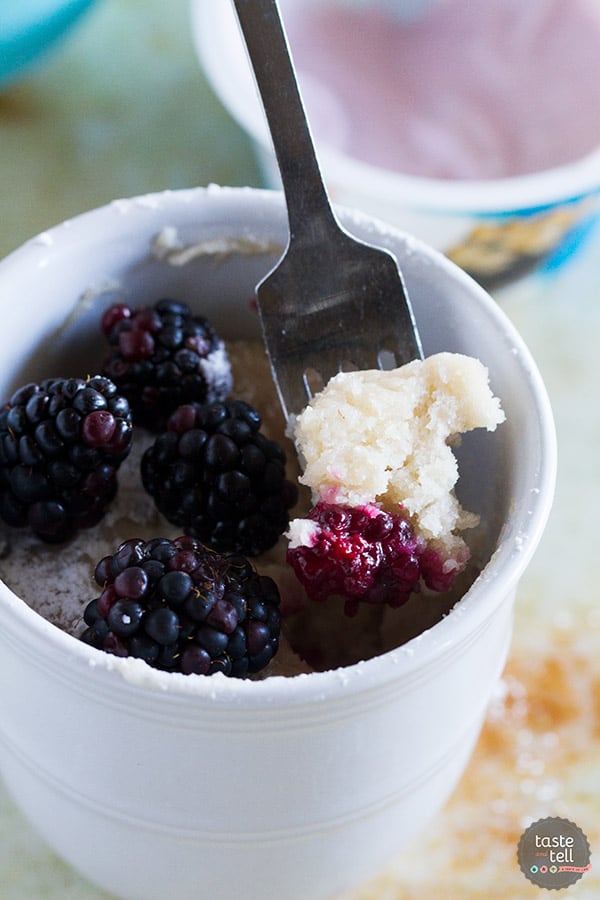 Craving something sweet but don’t want to make a whole cake? This Blackberry Yogurt Mug Cake is your 7 minute answer to dessert!