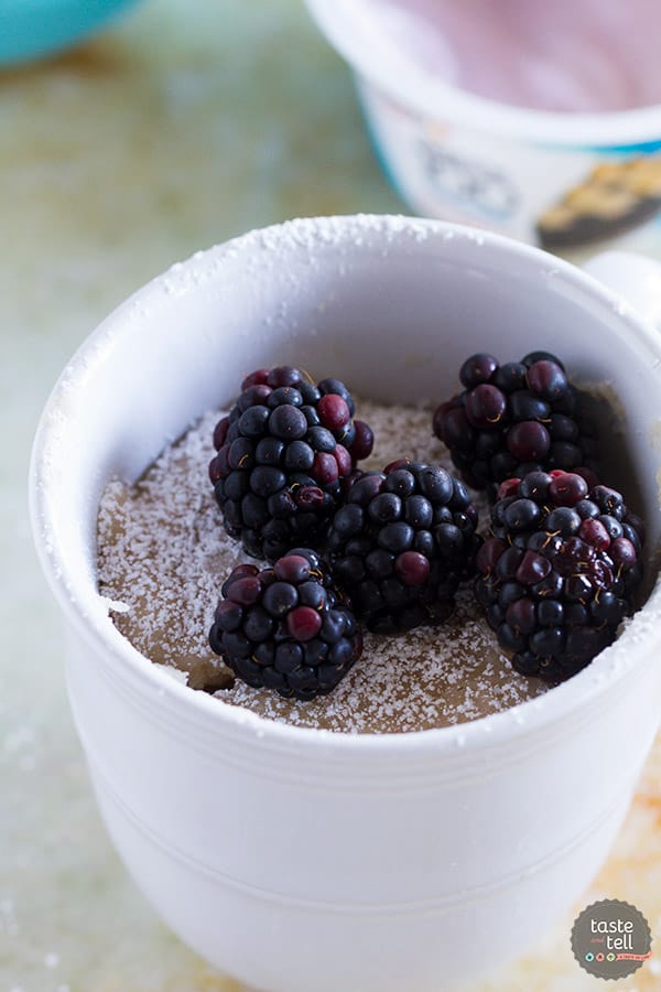 Craving something sweet but don’t want to make a whole cake? This Blackberry Yogurt Mug Cake is your 7 minute answer to dessert!