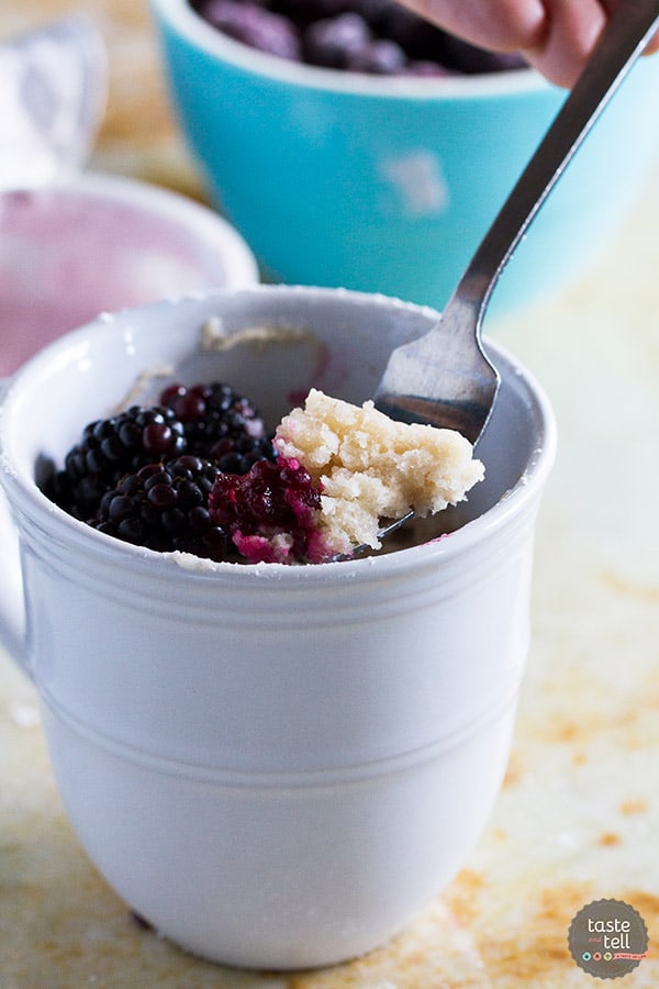 Craving something sweet but don’t want to make a whole cake? This Blackberry Yogurt Mug Cake is your 7 minute answer to dessert!