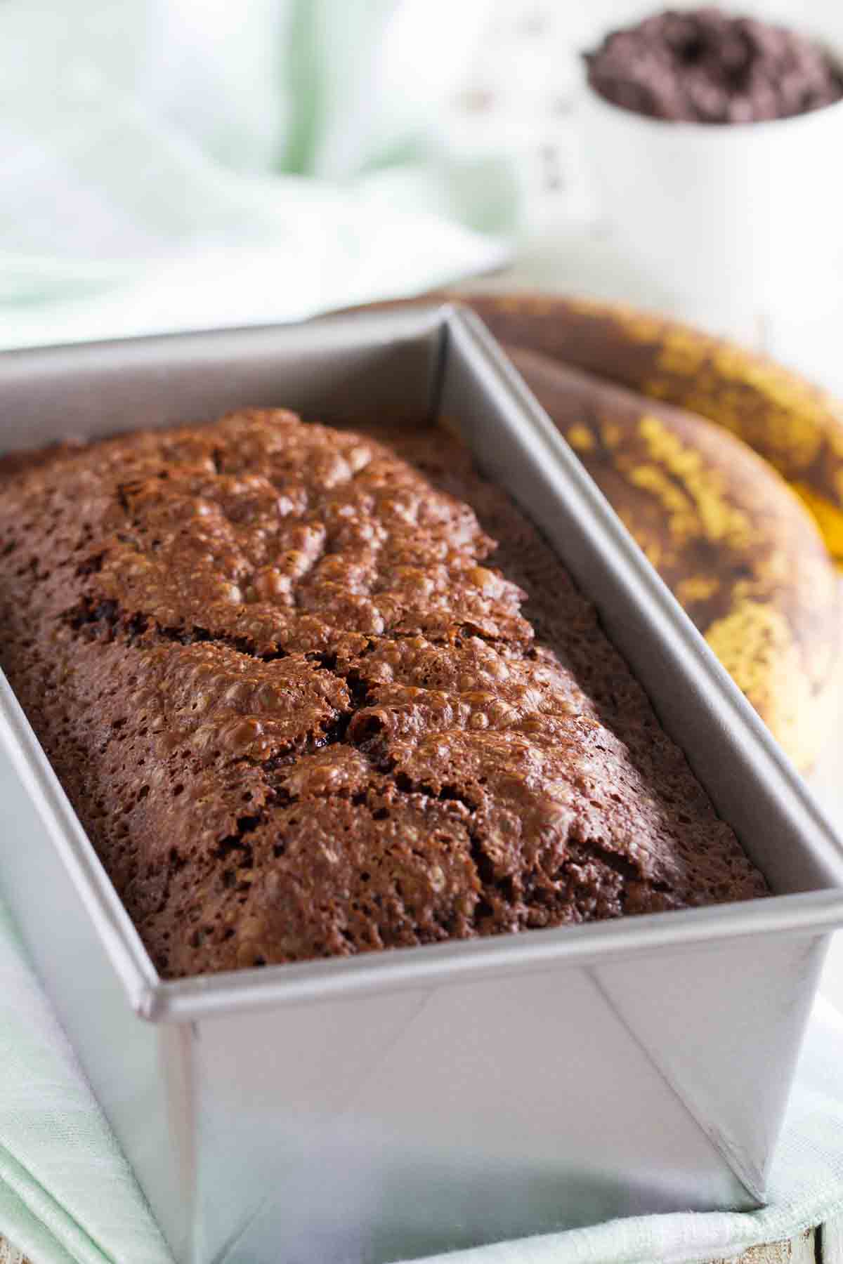 Loaf of brownie mix banana bread in a loaf pan.