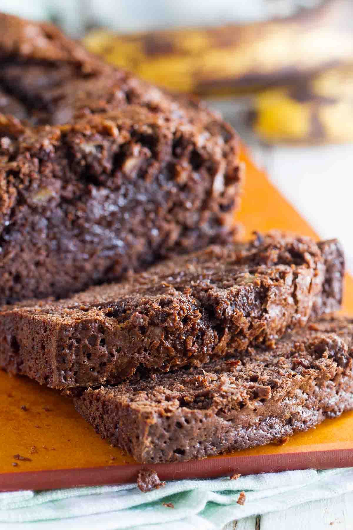 sliced loaf of brownie mix banana bread showing texture