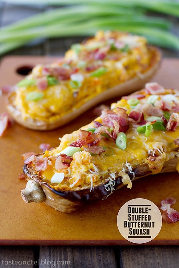 Roasted butternut squash is mashed with lots of cheese and bacon (or omit the bacon for a vegetarian meal!) and then stuffed back into the squash skins and baked in this filling and comforting Double-Stuffed Butternut Squash.