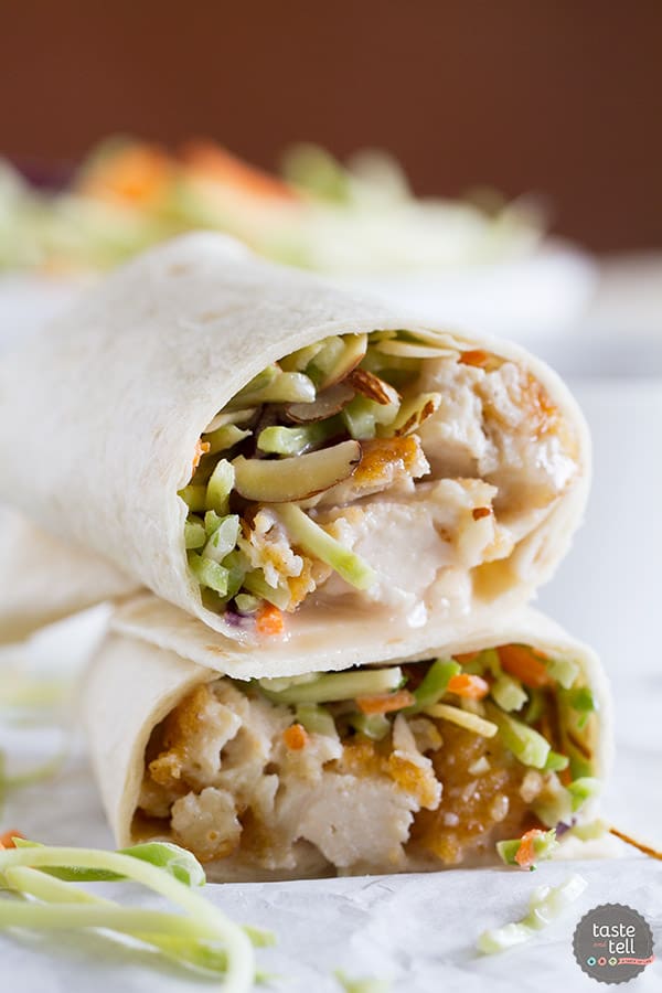 A salad in a tortilla! These Honey-Sesame Chicken Salad Wraps are a great idea for an easy weeknight dinner, and are a great way to get the kids to eat their salad!