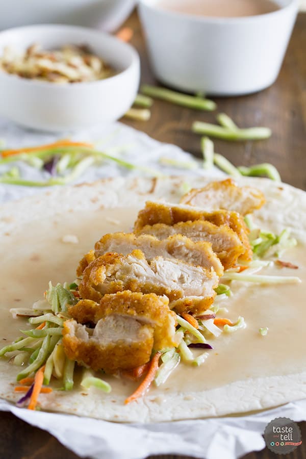 A salad in a tortilla! These Honey-Sesame Chicken Salad Wraps are a great idea for an easy weeknight dinner, and are a great way to get the kids to eat their salad!