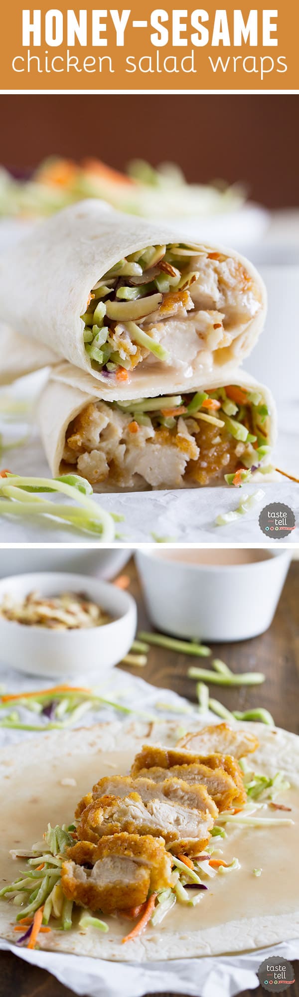 A salad in a tortilla! These Honey-Sesame Chicken Salad Wraps are a great idea for an easy weeknight dinner, and are a great way to get the kids to eat their salad!
