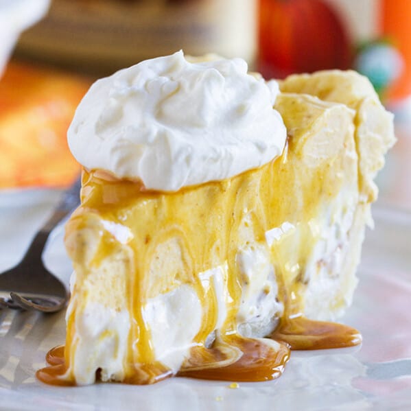 Change up your holiday pie with this non-traditional pumpkin pie recipe. This Pumpkin and Butter Pecan Ice Cream Pie Recipe is fun and easy!