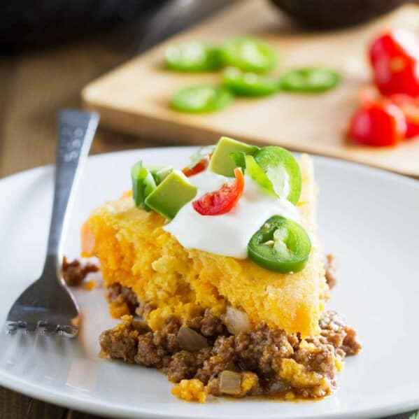 Slice of Skillet Tamale Pie on a plate.