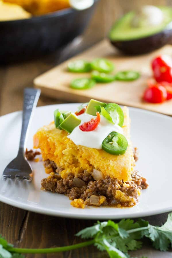 Slice of Skillet Tamale Pie on a plate.