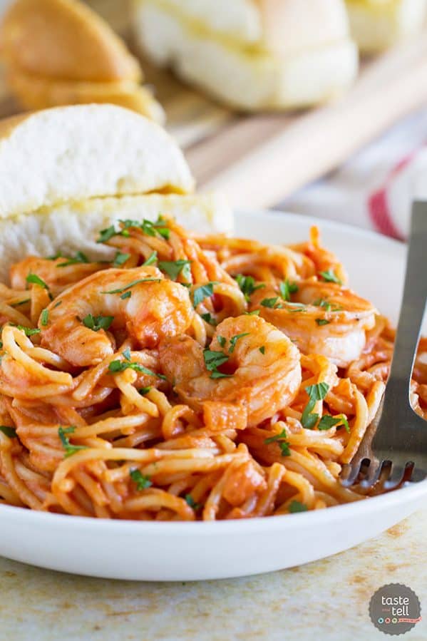 Easy enough for a weeknight, but fancy enough for a dinner party, this Creamy Tomato Pasta with Shrimp is creamy and cheesy and so packed full of flavor.