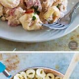 This Creamy Tomato Tortellini with Chicken and Bacon is super simple and makes a perfect weeknight dinner. Frozen tortellini and rotisserie chicken make it a super fast meal, too!