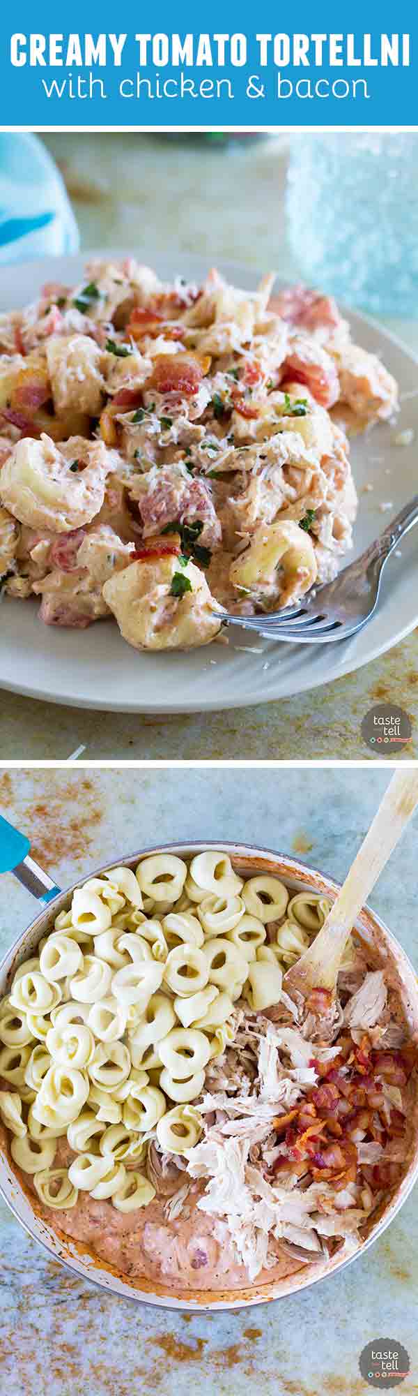 This Creamy Tomato Tortellini with Chicken and Bacon is super simple and makes a perfect weeknight dinner. Frozen tortellini and rotisserie chicken make it a super fast meal, too!