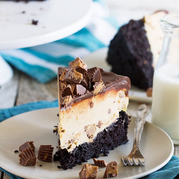 Peanut butter cup lovers - this one’s for you! This Peanut Butter Cup Ice Cream Cake is a dark chocolate cake that is topped with a no-churn peanut butter ice cream layer and finished off with chocolate ganache.