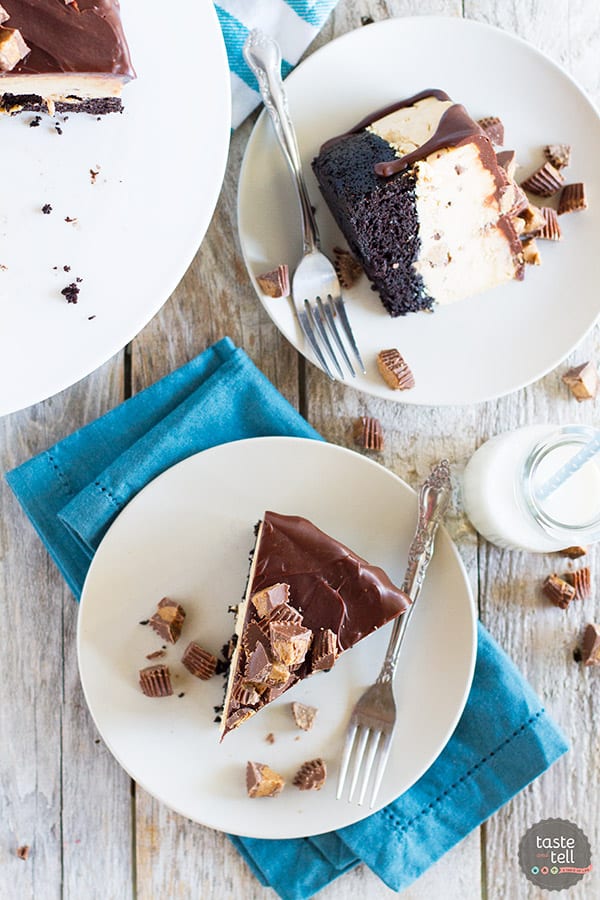 Peanut butter cup lovers - this one’s for you! This Peanut Butter Cup Ice Cream Cake is a dark chocolate cake that is topped with a no-churn peanut butter ice cream layer and finished off with chocolate ganache.