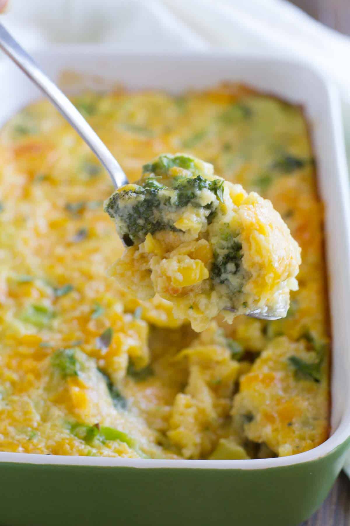 Scoop of Scalloped Corn and Broccoli