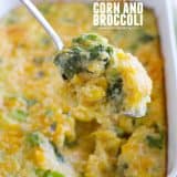 Scalloped Corn and Broccoli with title in text