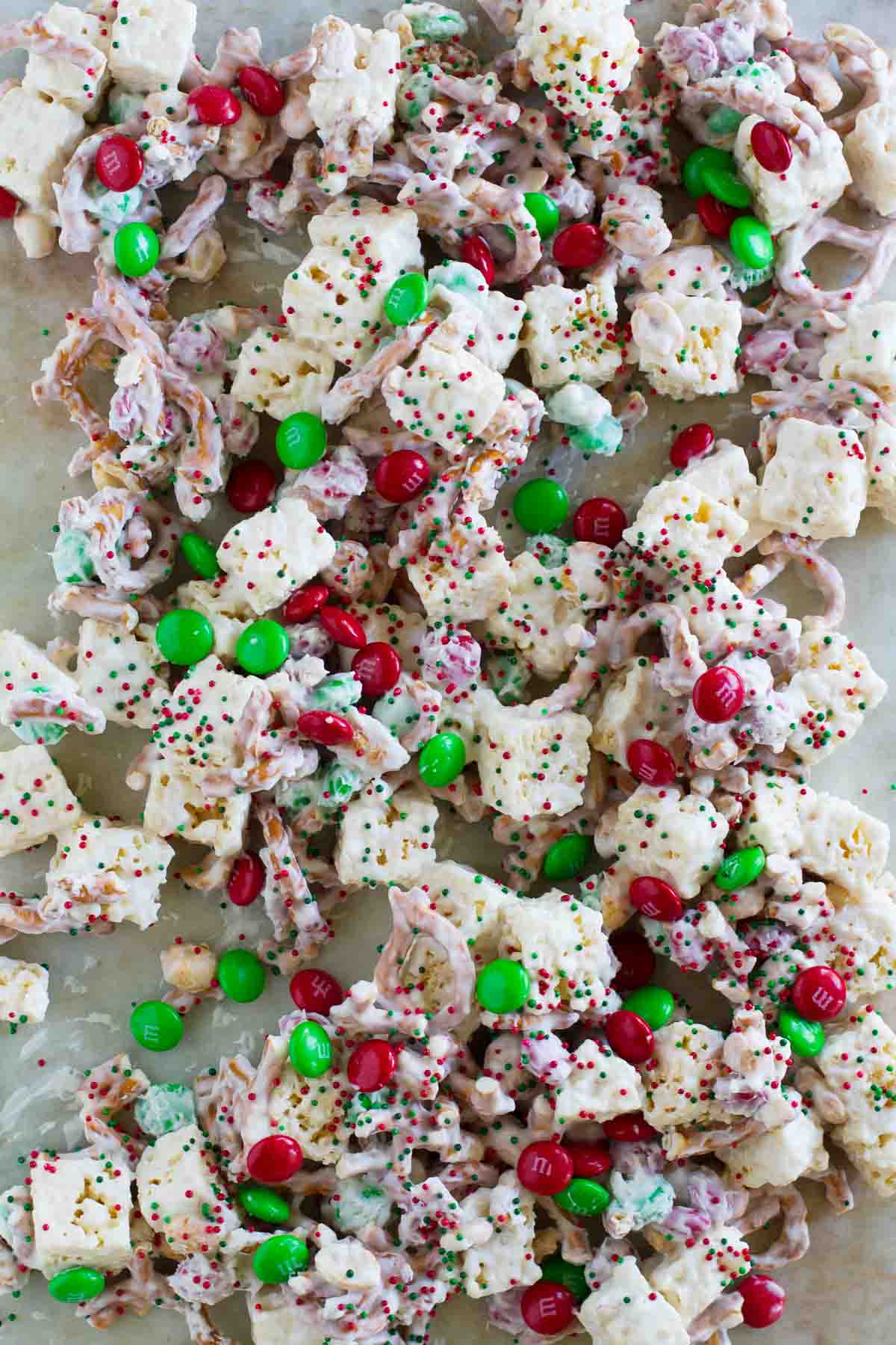 Sweet and salty Christmas mix spread out to dry.