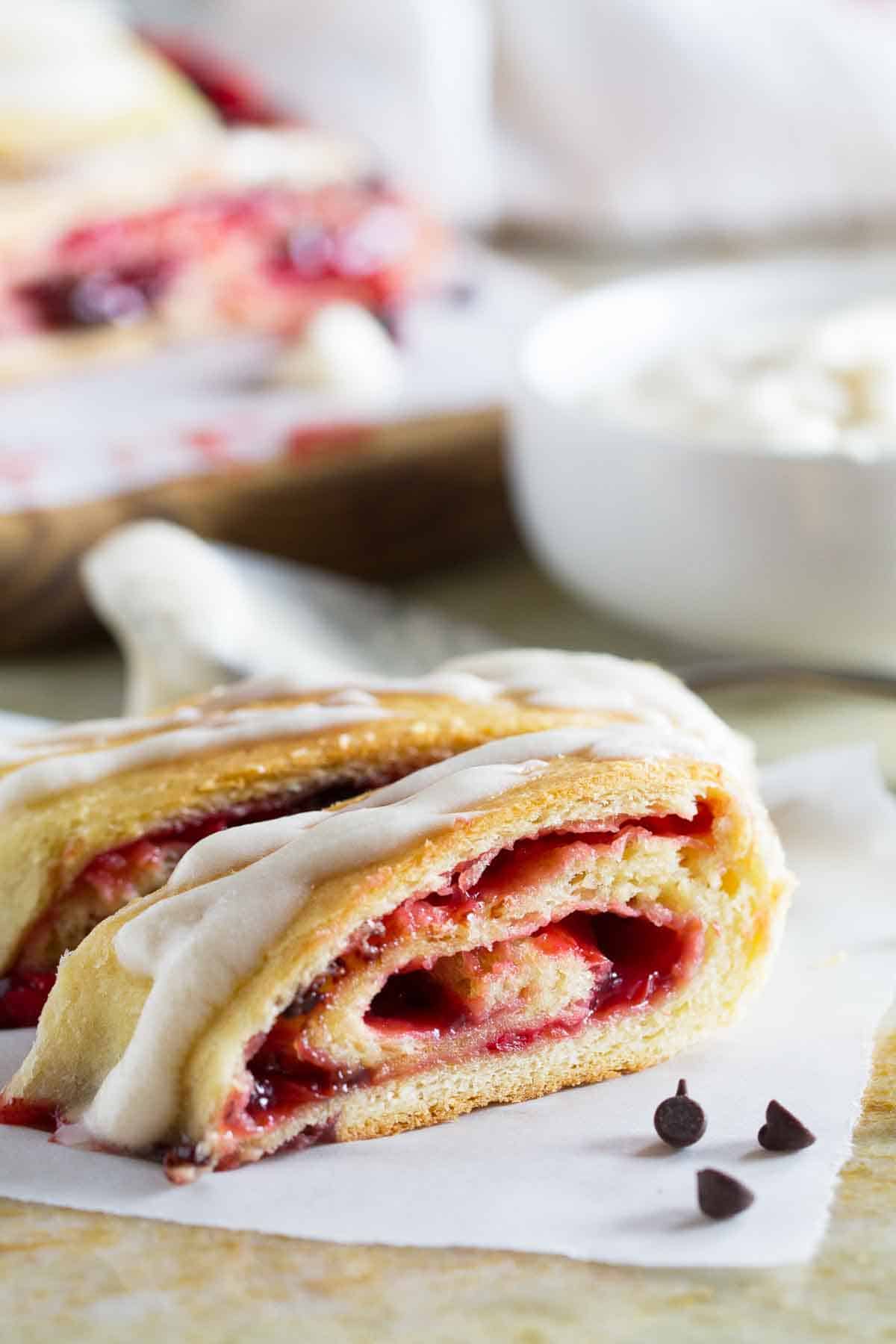Chocolate Cherry Roll made with pie filling and chocolate chips.