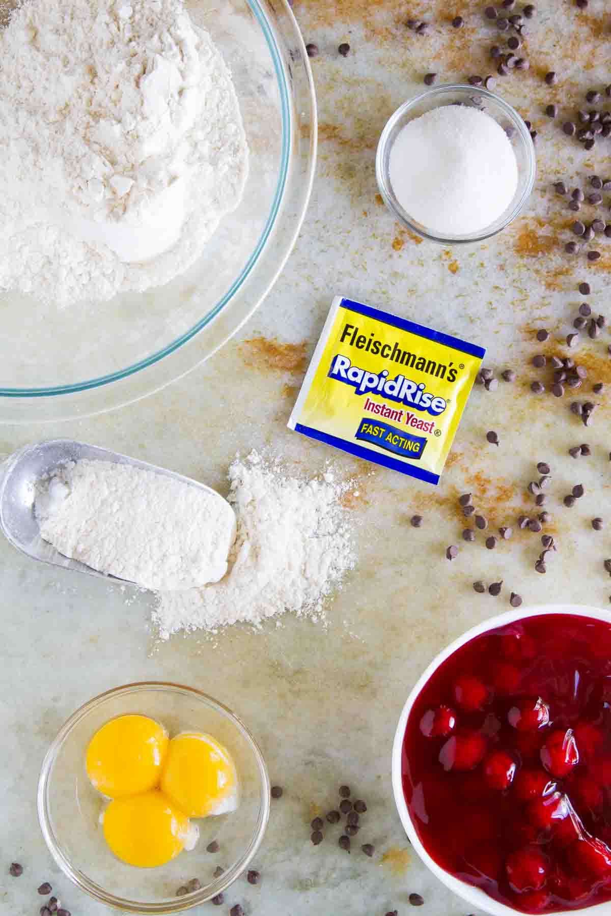 Ingredients to make a Chocolate Cherry Roll.