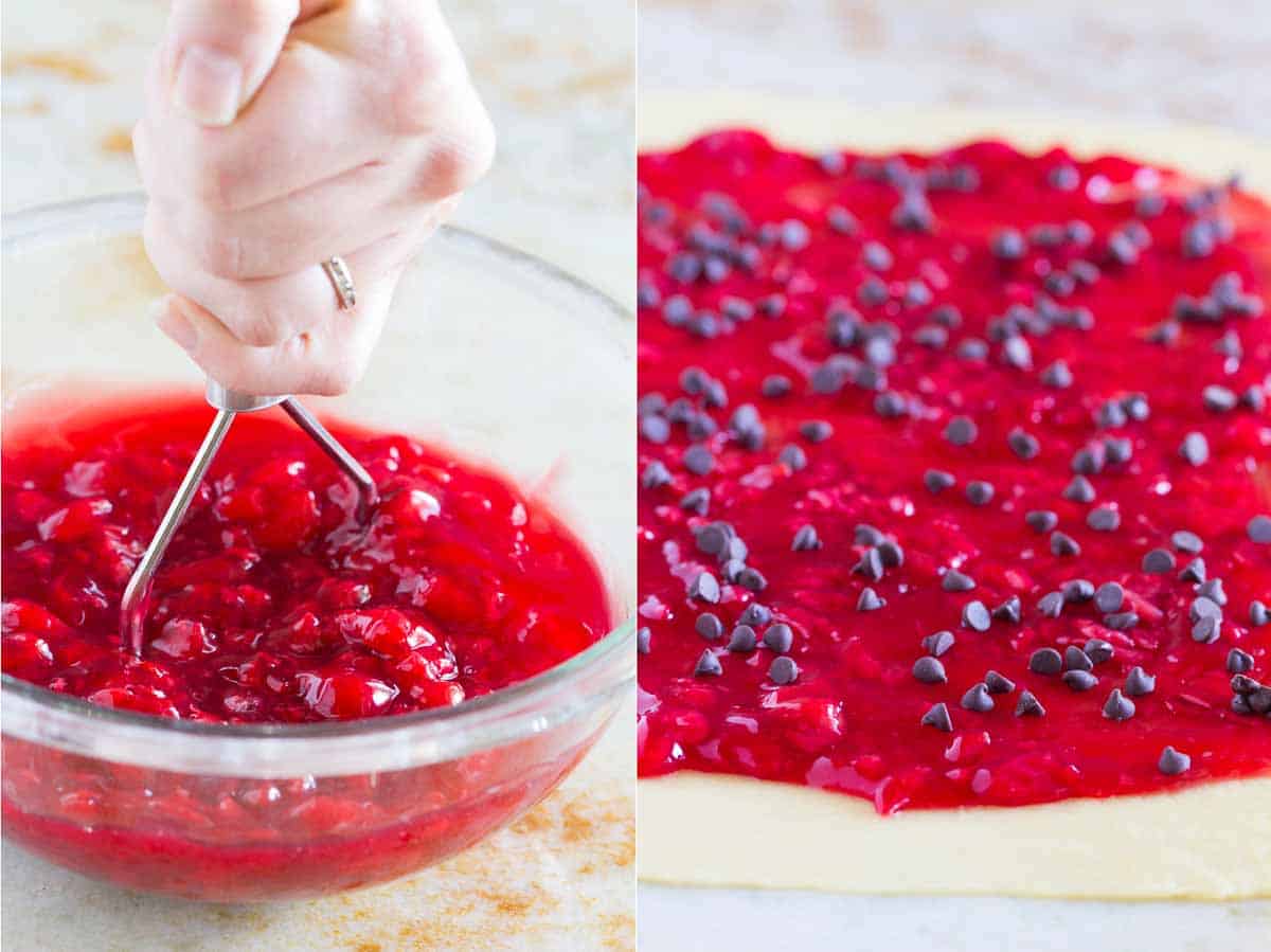 Making the filling for a Chocolate Cherry Roll.