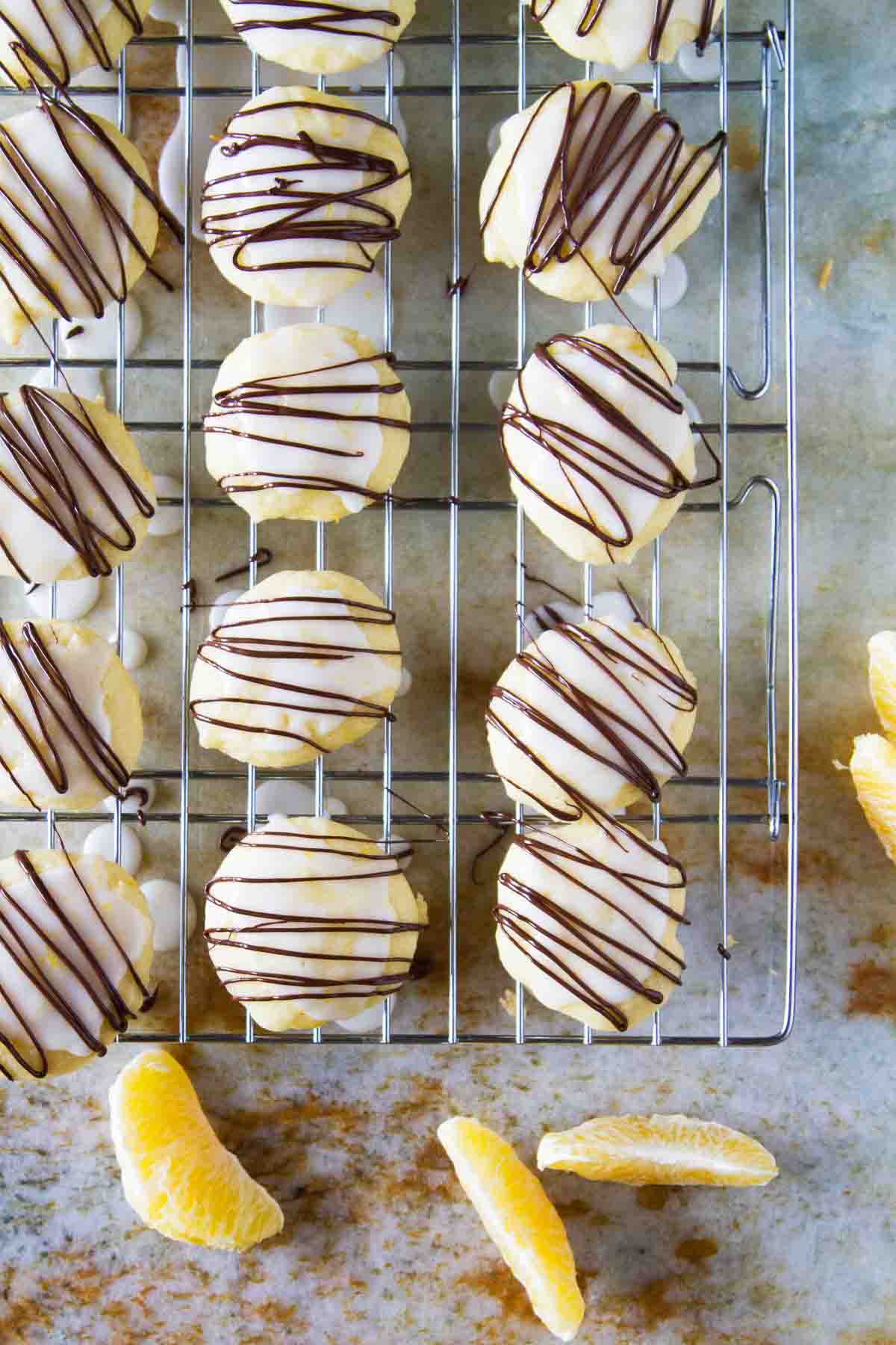 overhead view of ricotta cookies on a cooling rack