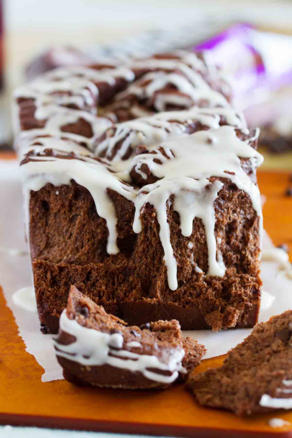 Chocolate Pull Apart Bread with pieces taken off.