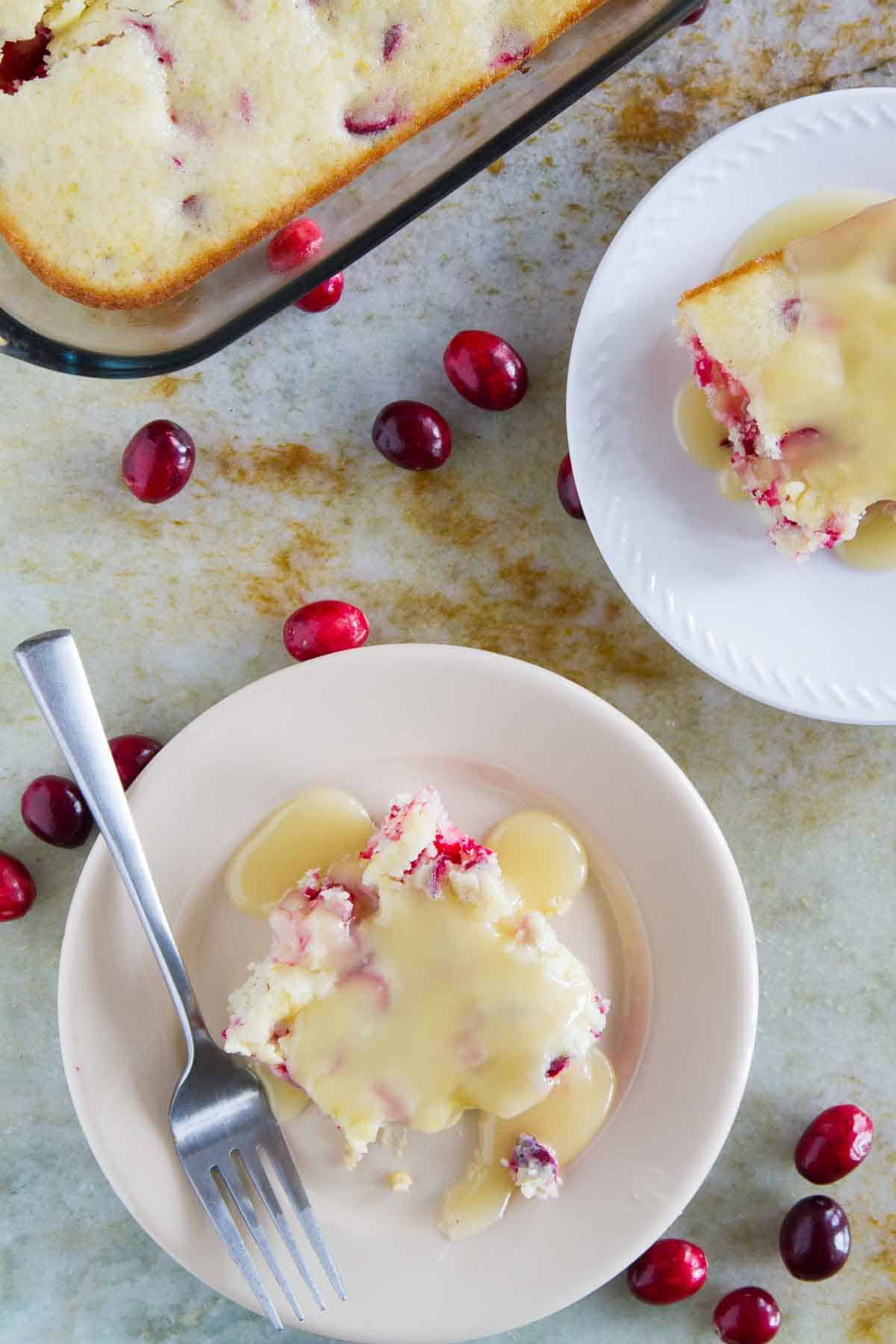 overhead view of cranberry cake on plates