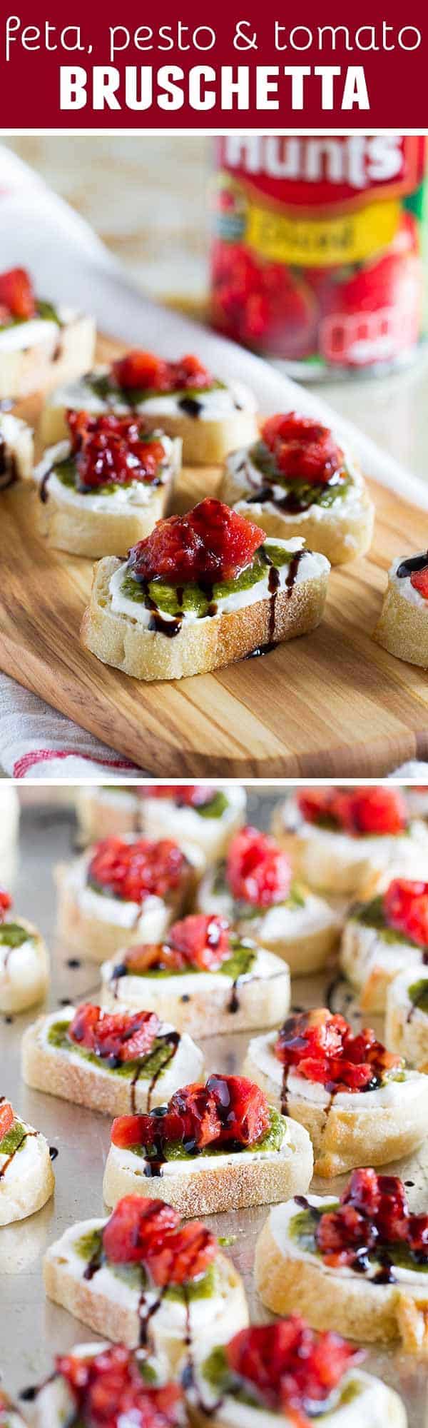 A true crowd pleasing appetizer, this Feta, Pesto and Tomato Bruschetta is a tasty appetizer that can be served year round. Perfect as a starter or as a holiday party appetizer.